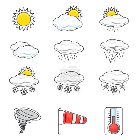 Illustration for Outline weather icon set isolated on white background. Collection of various icons related to weather climate and meteorology with outline line and flat design silhouette style - Royalty Free Image