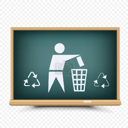 Téléchargez les illustrations : Leçons d'écologie de l'éducation traitement des déchets tirées sur tableau noir de l'école sur fond transparent. Personne trier les ordures dans les dessins de panier - en licence libre de droit