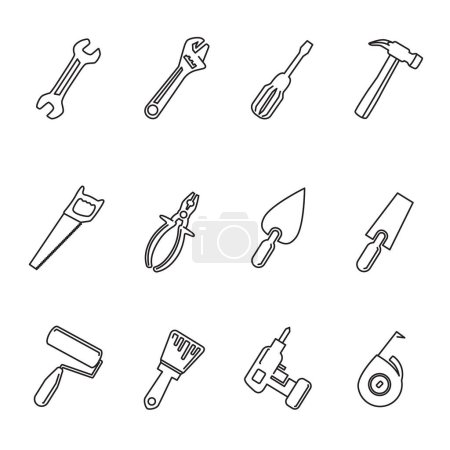 Ilustración de Esquema herramientas de reparación signo símbolo conjunto aislado sobre fondo blanco. Herramienta de mano llave alicates martillo destornillador cepillo sierra paleta línea icono - Imagen libre de derechos