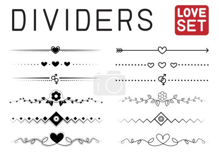 Illustration for Big love style set of text dividers isolated on white background. Decorative romantic elements for write create love romance and quotes. Simple web or book page border collection - Royalty Free Image