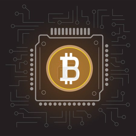 Illustration for Cpu chip mines bitcoin sign symbol icon with gradient shadow on dark background. Microprocessor hardware earns virtual cryptocurrency money - Royalty Free Image