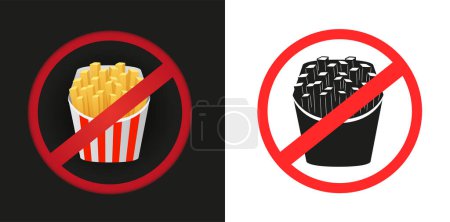 Téléchargez les illustrations : Fast food frites croustillantes autocollant interdit signe sur fond blanc et sombre. Pas de symbole d'étiquette de hamburger - en licence libre de droit