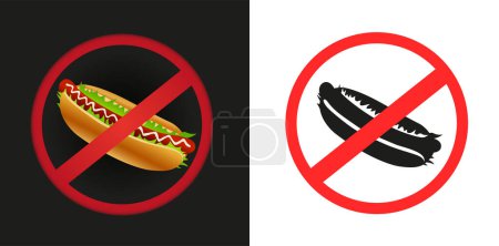 Ilustración de Signo de pegatina prohibida de comida rápida sobre fondo blanco y oscuro. No hay símbolo de etiqueta de perro caliente - Imagen libre de derechos