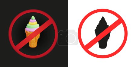 Téléchargez les illustrations : Crème glacée Fast Food autocollant interdit signe sur fond blanc et sombre. Pas de crème sucrée délicieux desserts symbole de l'étiquette - en licence libre de droit