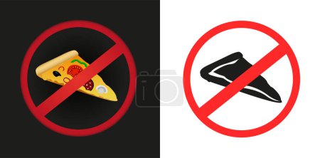 Illustration for Fast food pizza prohibited sticker sign on white and dark background. No pizzas label symbol - Royalty Free Image