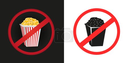 Illustration for Fast food popcorn prohibited sticker sign on white and dark background. No delicious desserts label symbol - Royalty Free Image