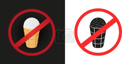 Illustration for Ice-cream fast food prohibited sticker sign on white and dark background. No creamy sweet delicious desserts label symbol - Royalty Free Image