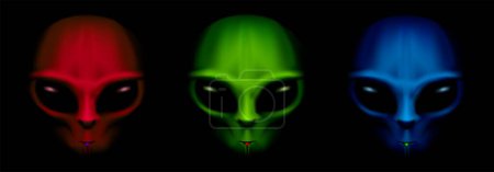 Ilustración de Caras azules verdes rojas alienígenas en la oscuridad. Colección de retratos humanoides sobre fondo negro. Organismo de carácter del universo OVNI - Imagen libre de derechos