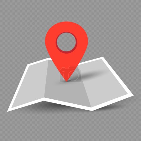 Illustration for Red pin location sign on paper map with sgadow on dark transparent background. Navigation gps cartography place sign, symbol icon - Royalty Free Image