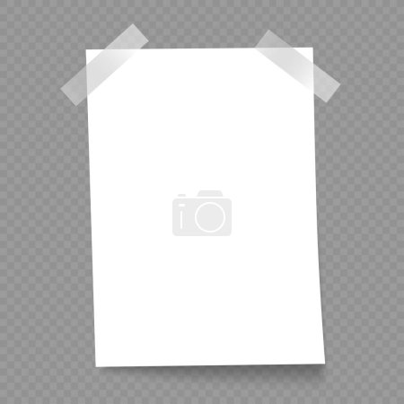 Ilustración de Plantilla de papel vertical blanco con cinta adhesiva y sombra sobre fondo gris. Papeles hoja nota en blanco página - Imagen libre de derechos