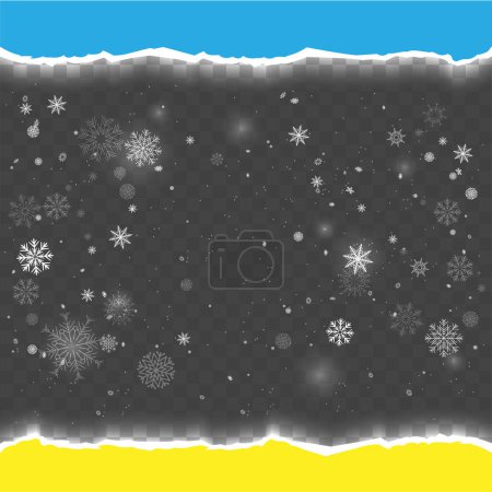 Téléchargez les illustrations : Drapeau en papier Ukraine déchiré de Noël avec chute de neige. Fond sombre réaliste de ferraille vide avec chutes de neige et espace de bande pour le texte. Papier flocons de neige vacances gris modèle ukrainien - en licence libre de droit