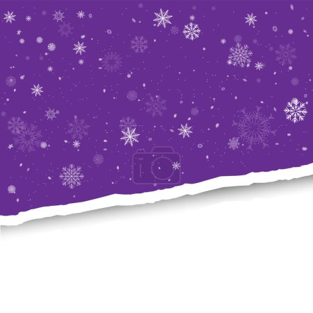 Ilustración de Papel de nieve de Navidad cayendo roto telón de fondo. Fondo de chatarra vacío oscuro realista con nevadas y espacio de tira para el texto. Plantilla de papel de copos de nieve Holiday color púrpura - Imagen libre de derechos