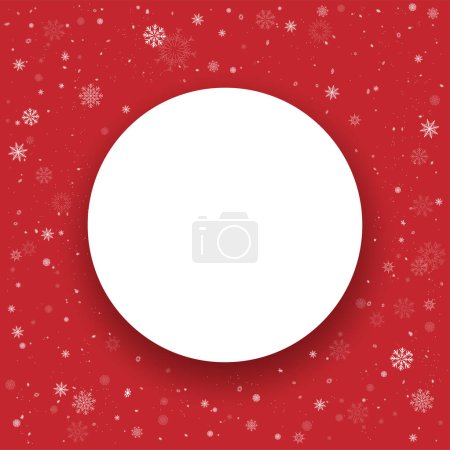 Illustration for Christmas round photo frame red circle template. Winter Holiday snowfall season snapshot background. Seasonal user picture decoration backdrop - Royalty Free Image