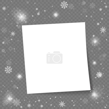 Illustration for Christmas snow photo frame message template with snowfall and shadow. Winter Holiday snowy season snapshot paper background. Seasonal picture decoration backdrop - Royalty Free Image