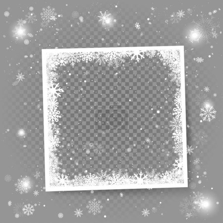 Téléchargez les illustrations : Modèle de cadre photo hiver Noël avec neige et ombre. Vacances d'hiver saison des chutes de neige aperçu arrière-plan. Décoration d'image saisonnière toile de fond - en licence libre de droit