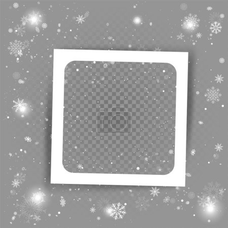 Illustration for Christmas photo snow frame template with shadows. Winter Holiday snowfall season snapshot background. Seasonal picture decoration backdrop - Royalty Free Image