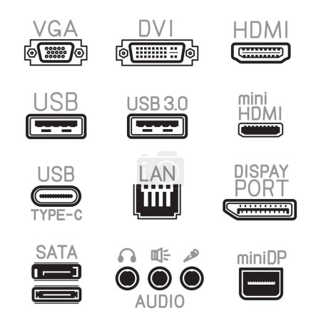 Esquema de iconos de interfaz de hardware conjunto de signos. Colección de VGA DVI USB Display PORT SATA símbolo del conector de audio. Puertos de datos del zócalo