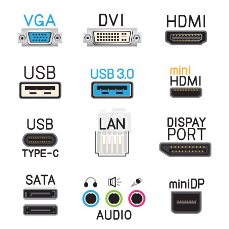 Illustration for Hardware tech interface color icons sign set. Collection of VGA DVI USB Display PORT SATA audio connector symbol. Computer socket data ports - Royalty Free Image