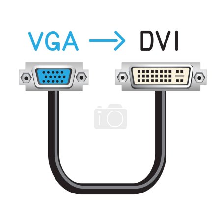 Illustration for VGA to DVI hardware interface cable. Device connector equipment. Computer socket data ports - Royalty Free Image