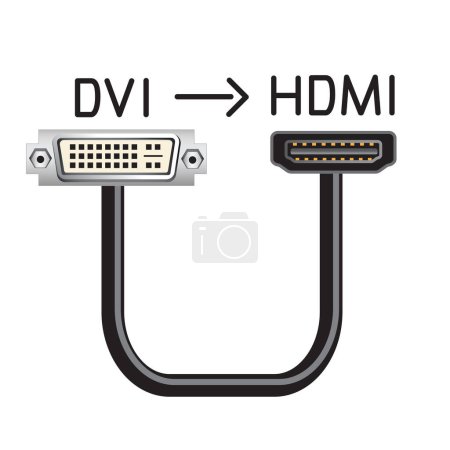 Illustration for DVI to HDMI hardware interface cable. Device connector equipment. Computer socket data ports - Royalty Free Image