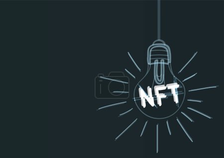 Illustration for Turn lights for NFTs. An artful drawing of light bulb with NFT symbol hangs from a wire, demonstrating finance advertising idea design - Royalty Free Image