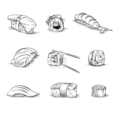 Téléchargez les illustrations : Ensemble de sushis et rouleaux dessinés à la main. Illustration vectorielle dans le style line art - en licence libre de droit