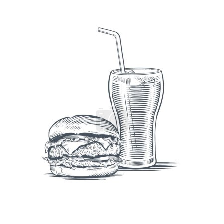 Téléchargez les illustrations : Burger et un verre de Coca avec une paille. Illustration vectorielle en style gravure - en licence libre de droit