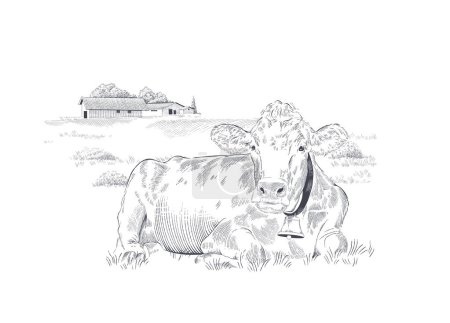 Ilustración de Granja lechera. Paisaje rural con vaca en un prado. Ilustración vectorial dibujada a mano - Imagen libre de derechos