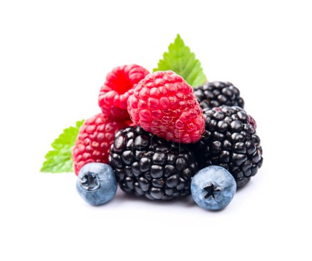 Sweet berries on white backgrounds. Raspberry,blackberry and blueberries on white backgrounds