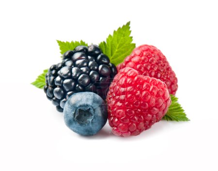 Sweet berries on white backgrounds. Raspberry, blueberries and blackberry on white bgackgrounds.