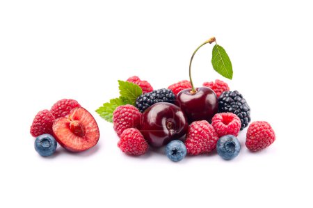 Berries on white backgrounds. Raspberry,blueberries,blackberry and cherry on white backgrounds.