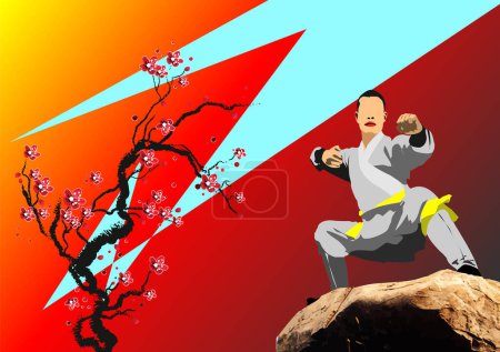Téléchargez les illustrations : Oriental combat sports. Japan style. Colored 3d vector illustration. - en licence libre de droit