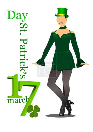 Illustration for St. Patrick's Day. Girl in green hat dancing riverdance. 3d vector illustration - Royalty Free Image