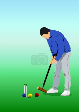 Téléchargez les illustrations : Un joueur de croquet sur le point de frapper la balle. Illustration vectorielle couleur 3d - en licence libre de droit
