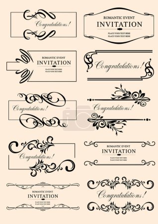 Illustration for Set of ornate vector frames and ornaments with sample text. Perfect as invitation or announcement. All pieces are separate. Easy to change colors and edit. - Royalty Free Image