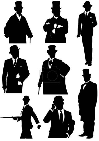 Set of London handsome gentlemen. White-black vector illustration 