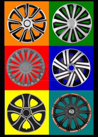 Téléchargez les illustrations : Housses de roues de voiture décoratives. Assiette. Illustration vectorielle - en licence libre de droit