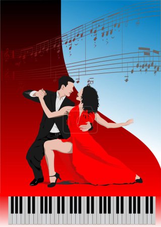 Photo for Piano with dancing couple and printing music. Vector 3d illustration - Royalty Free Image