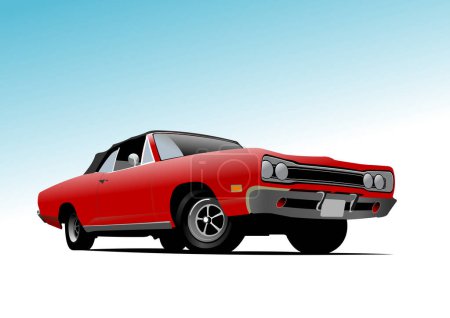 Ilustración de Viejo coche rojo en el fondo del cielo. Vector ilustración en 3D de colores. ilustración dibujada a mano - Imagen libre de derechos