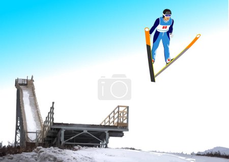 Téléchargez les illustrations : Saut à ski Sports d'hiver. Illustration dessinée à la main couleur vectorielle 3d - en licence libre de droit