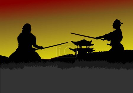 Black silhouette of Samurai with the sword on sky background. Vector Hand drawn illustration