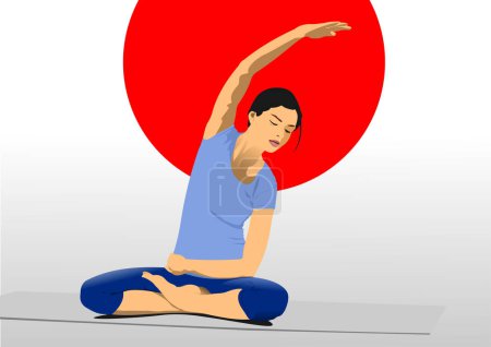 Téléchargez les illustrations : Femme pratiquant des exercices de yoga. Vecteur 3d dessiné à la main Illustration - en licence libre de droit