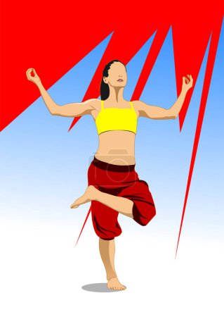 Téléchargez les illustrations : Femme pratiquant des exercices de yoga. Illustration vectorielle 3d dessinée à la main par Adobe Illustrator - en licence libre de droit