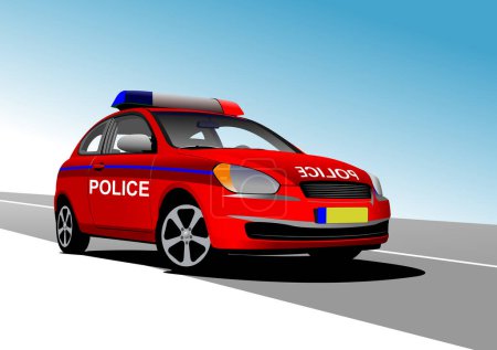 Illustration for Police car on city panorama background. Hand drawn Vector illustration by Adobe Illustrator - Royalty Free Image