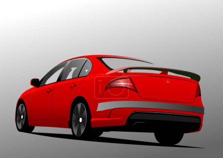 Red car sedan on the road. Vector 3d hand drawn illustration