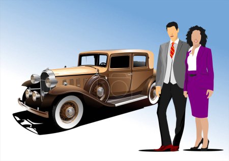 Old car with businessmen couple. Vector 3d hand drawn illustration