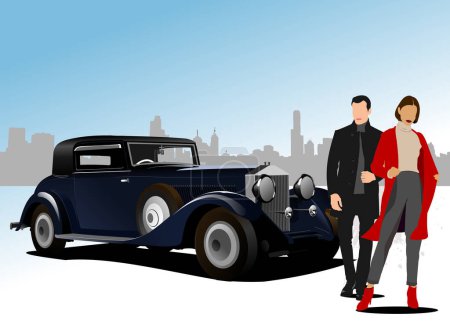 Old car with businessmen couple. Vector 3d hand drawn illustration
