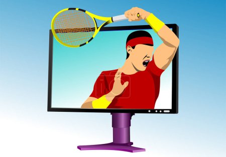Photo for Tennis player into monitor. Colored vector hand drawn illustration - Royalty Free Image