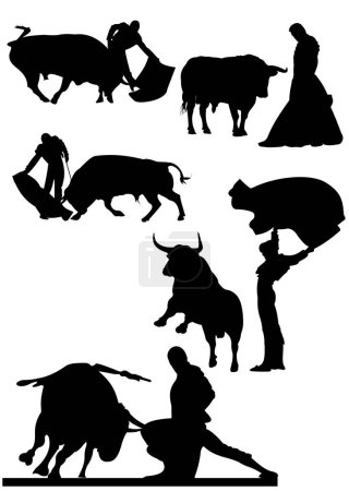 Illustration for Corrida typical Spanish entertainment - bullfighting.  Black and white hand drawn illustration - Royalty Free Image