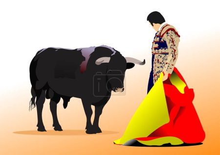 Illustration for Corrida typical Spanish entertainment - bullfighting.  Color vector hand drawn illustration - Royalty Free Image